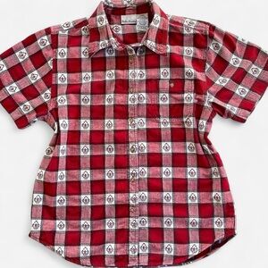 Vintage Bobbie Brooks Short Sleeve Button Down Shirt Red Plaid Daisy Flower
